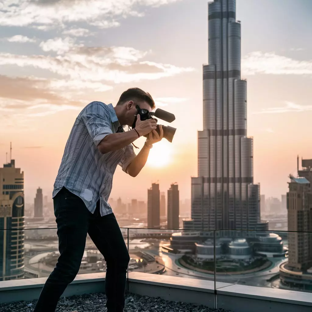 videographer taking video in front of burj khalifa