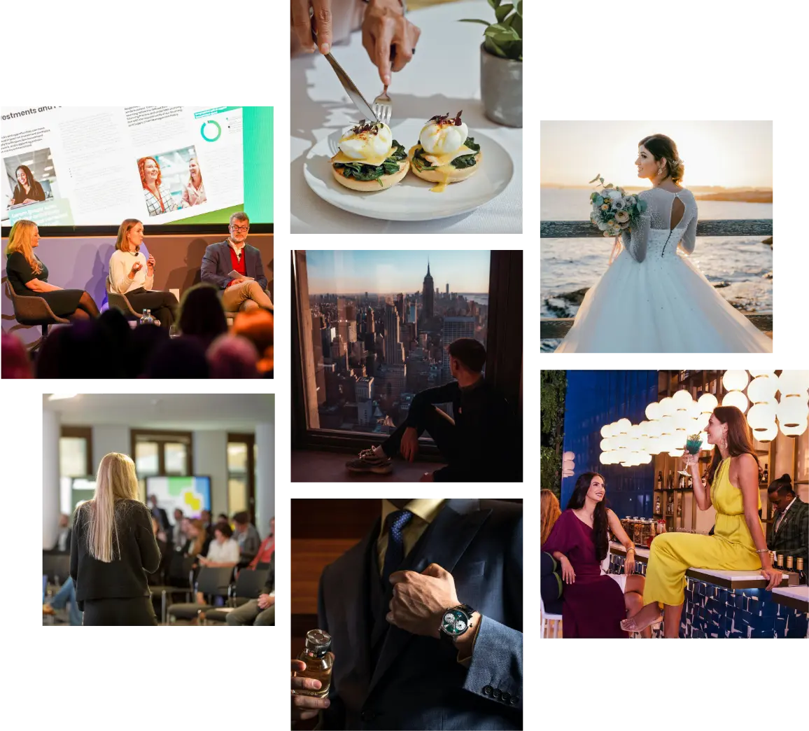 Collage of diverse travel and dining experiences, including fine dining, city tours, and cultural events