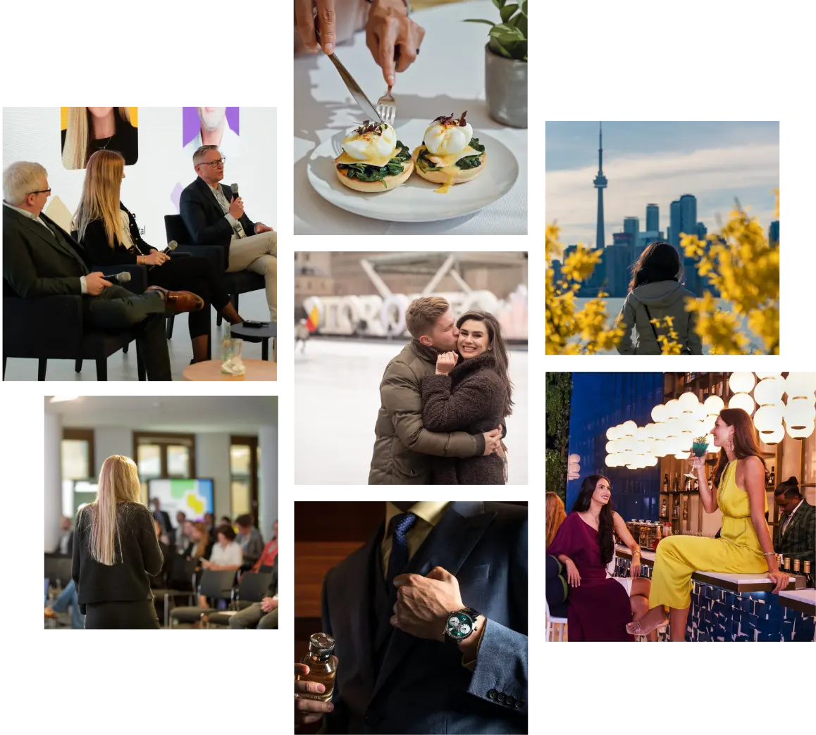 Collage showcasing various lifestyle moments, including fine dining, city exploration, and leisure activities